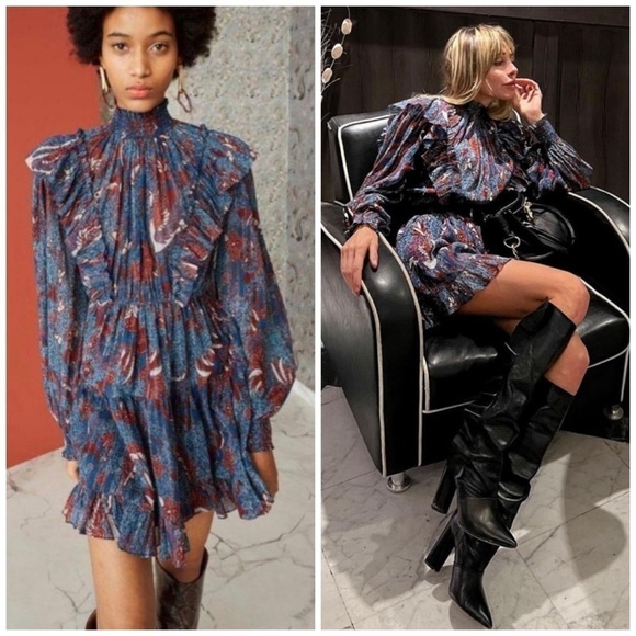 Ulla Johnson Vienne Bird of Paradise Long Sleeve Mock Mini Dress Azul Blue - Picture 1 of 8